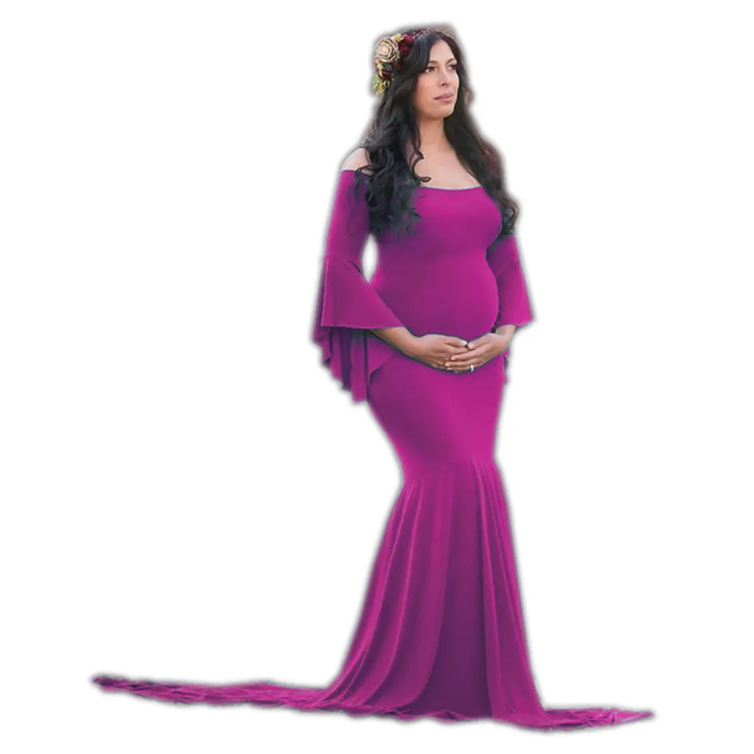 Babymoon Full Sleeve Maternity Gown Dress - Purple