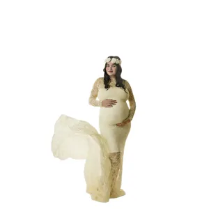 Babymoon Full Sleeve Net Lace Stretchable Maternity Gown Dress | Yellow