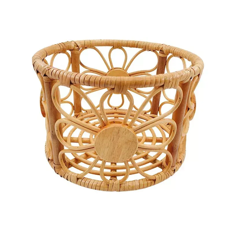 Babymoon Rustic Blossom Round Cane Bamboo Basket | Wooden Properties | Baby Photography Props