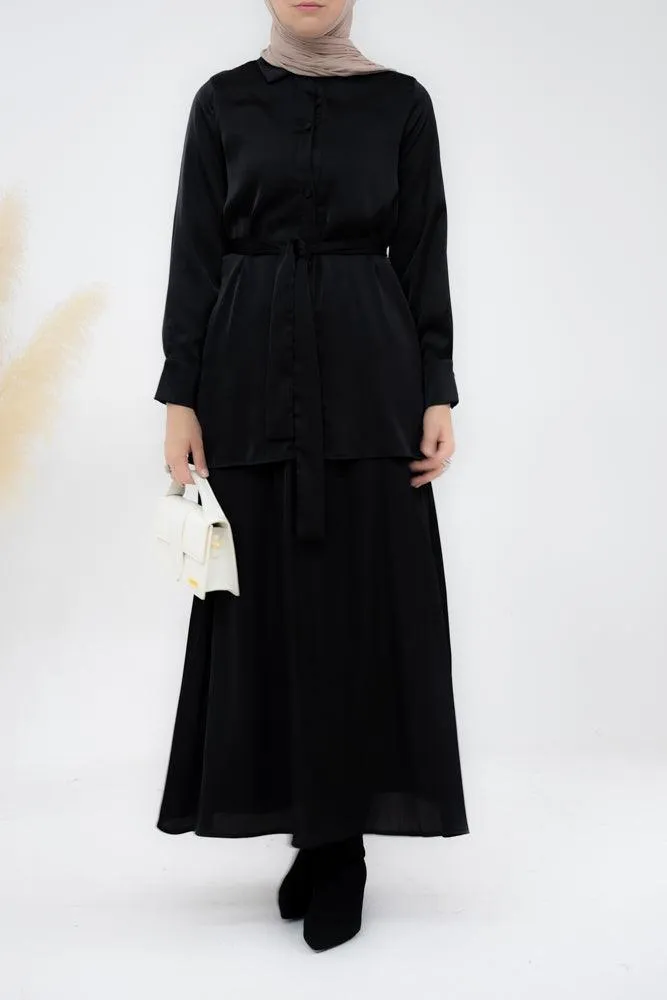 Black Blouse Skirt Modest set maxi skirt with elasticated waistband maxi sleeve buttoned shirt with a detachable belt