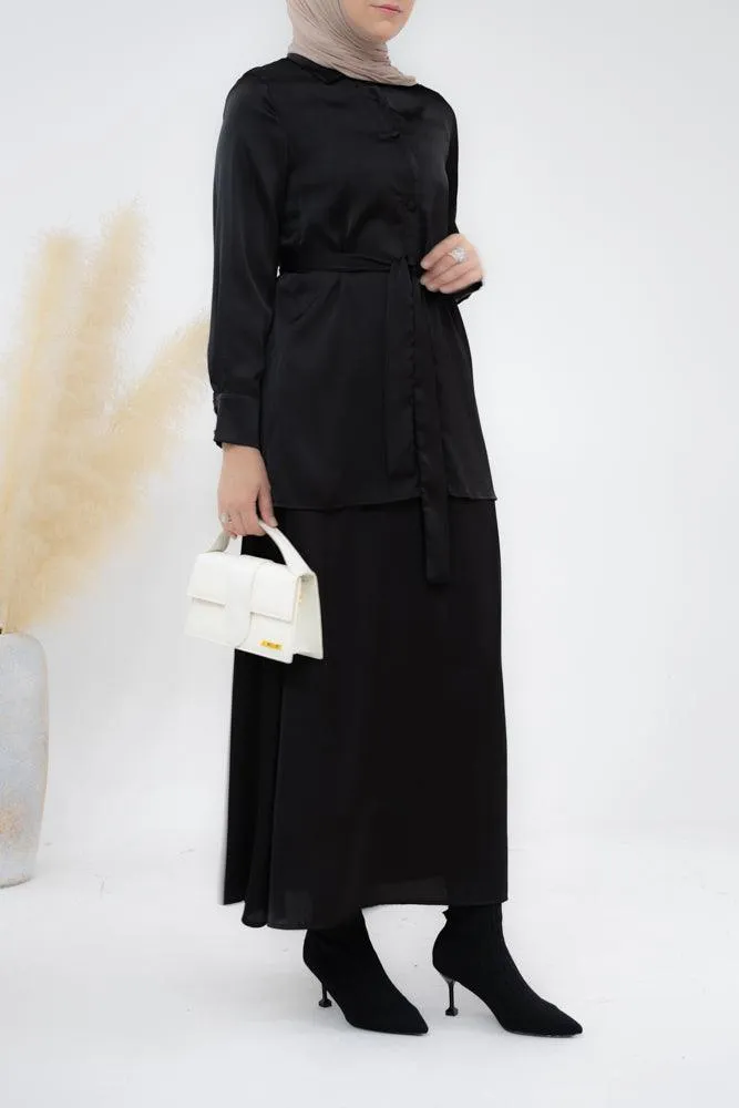 Black Blouse Skirt Modest set maxi skirt with elasticated waistband maxi sleeve buttoned shirt with a detachable belt