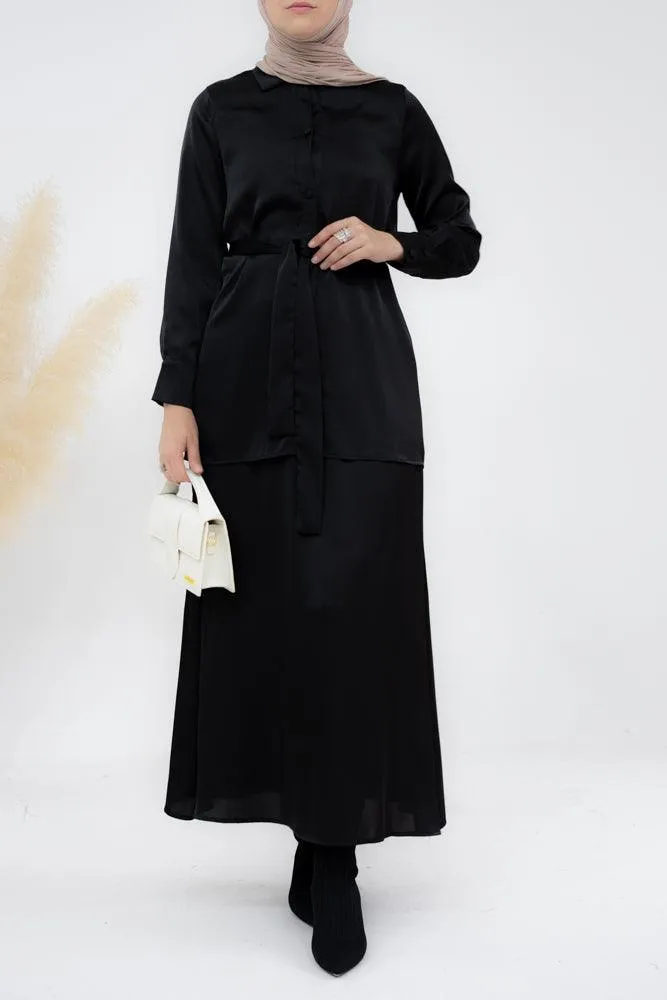 Black Blouse Skirt Modest set maxi skirt with elasticated waistband maxi sleeve buttoned shirt with a detachable belt