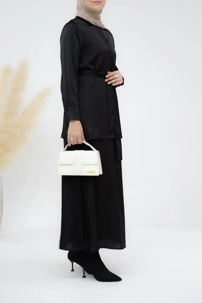 Black Blouse Skirt Modest set maxi skirt with elasticated waistband maxi sleeve buttoned shirt with a detachable belt