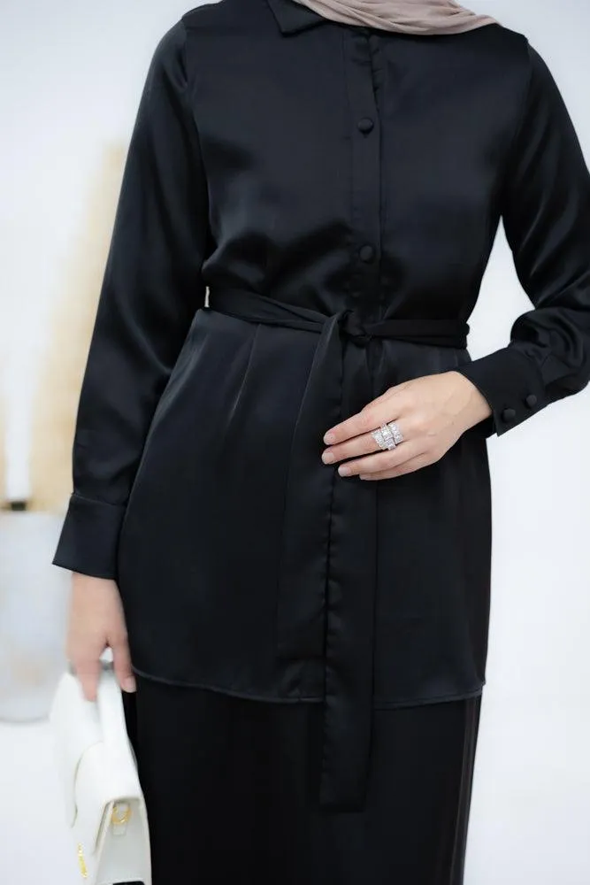 Black Blouse Skirt Modest set maxi skirt with elasticated waistband maxi sleeve buttoned shirt with a detachable belt