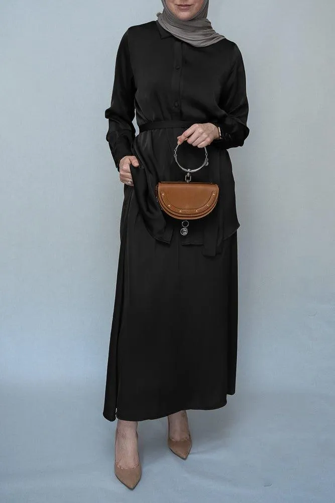 Black Blouse Skirt Modest set maxi skirt with elasticated waistband maxi sleeve buttoned shirt with a detachable belt
