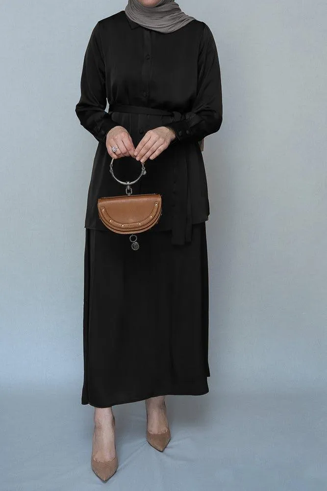 Black Blouse Skirt Modest set maxi skirt with elasticated waistband maxi sleeve buttoned shirt with a detachable belt