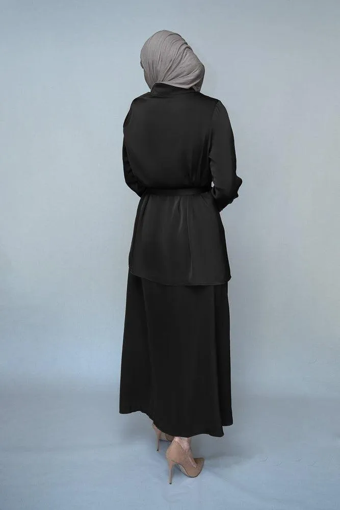 Black Blouse Skirt Modest set maxi skirt with elasticated waistband maxi sleeve buttoned shirt with a detachable belt