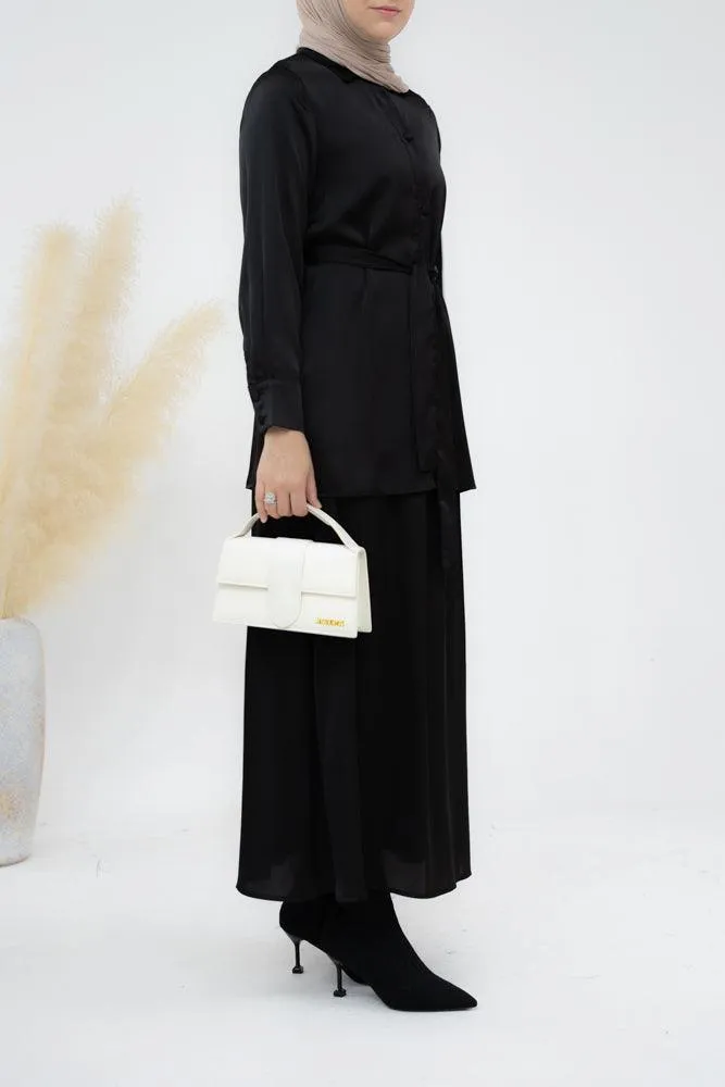 Black Blouse Skirt Modest set maxi skirt with elasticated waistband maxi sleeve buttoned shirt with a detachable belt