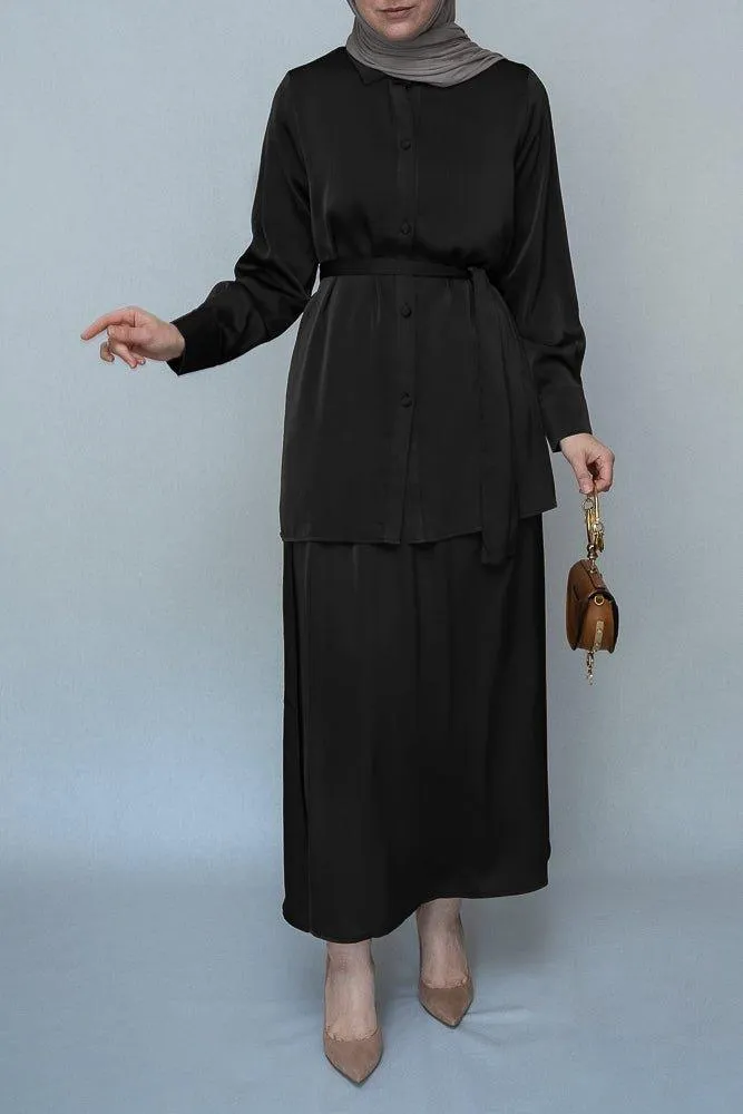 Black Blouse Skirt Modest set maxi skirt with elasticated waistband maxi sleeve buttoned shirt with a detachable belt