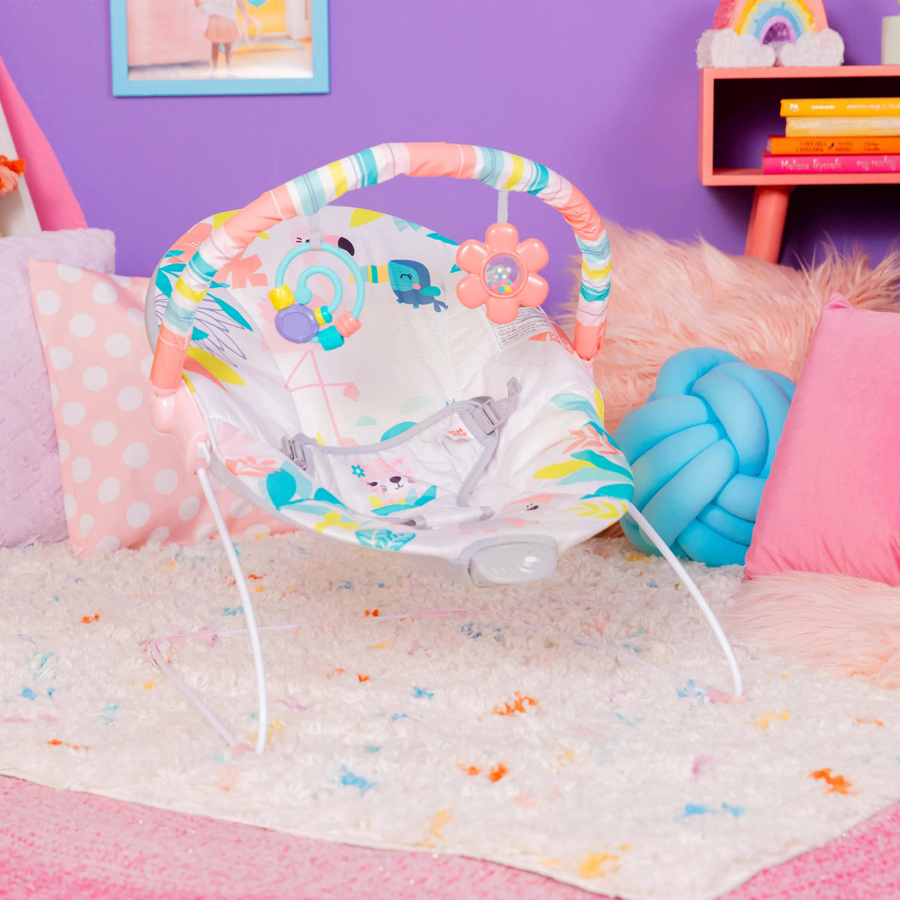 Bright Starts Flamingo Vibes Vibrating Bouncer with Toy Bar