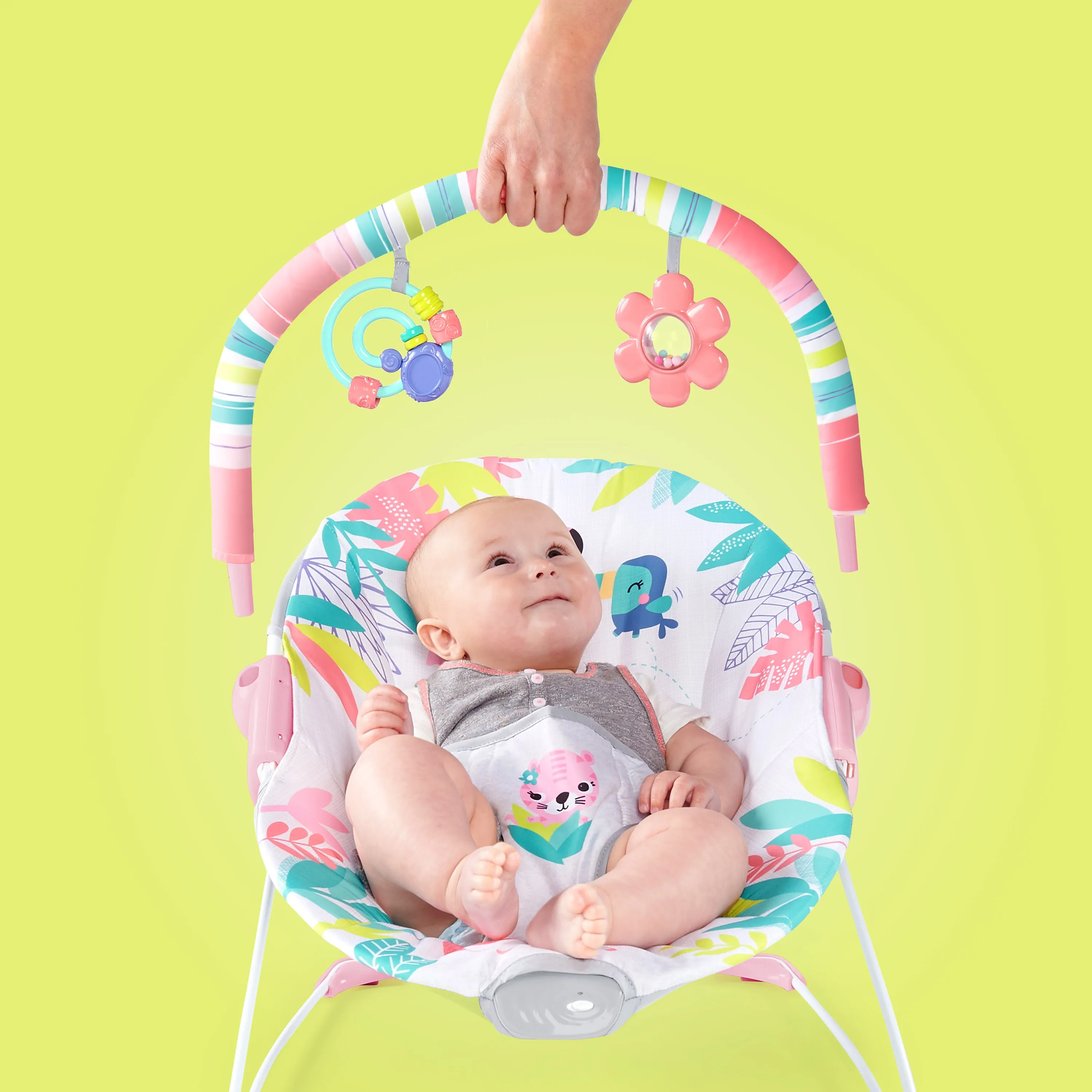 Bright Starts Flamingo Vibes Vibrating Bouncer with Toy Bar