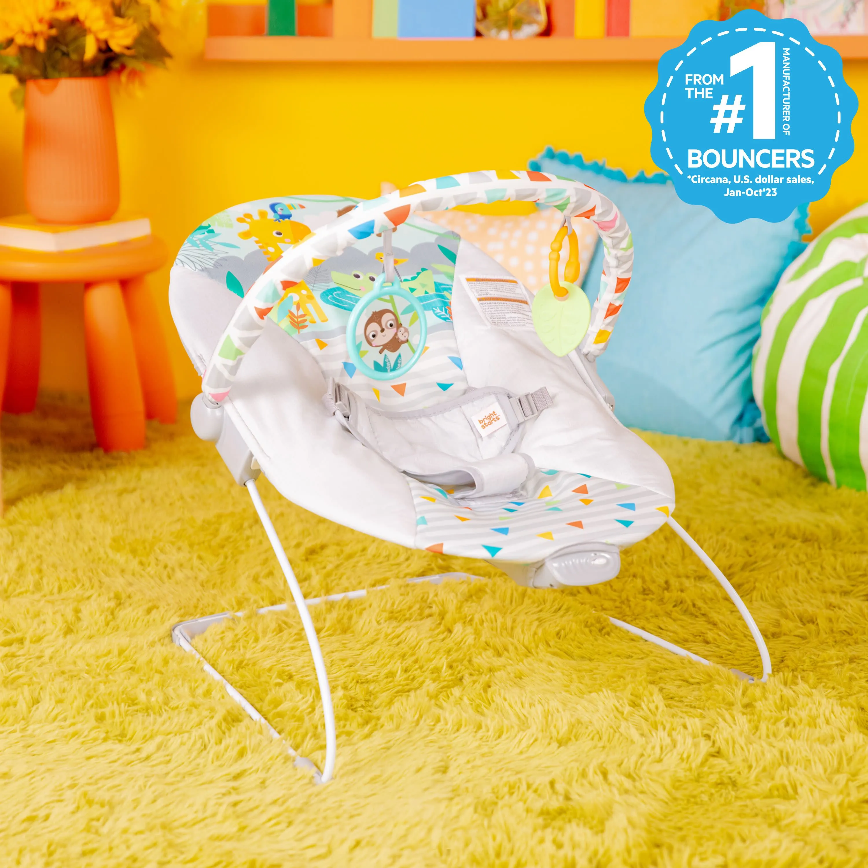 Bright Starts Safari Fun Vibrating Bouncer with Toy Bar