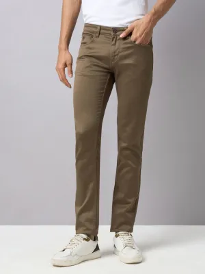 Cotton Stretch Khaki Plain Narrow Fit Flat Front Casual Jeans