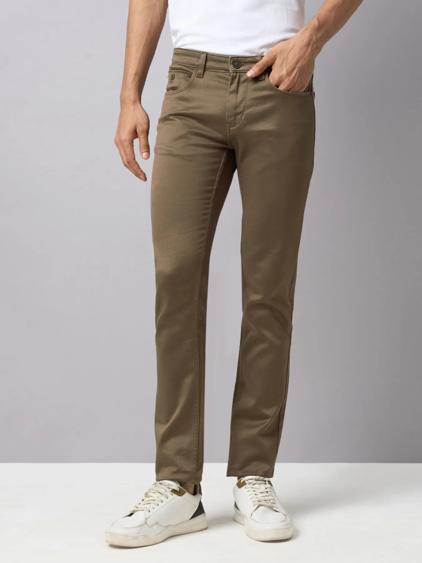 Cotton Stretch Khaki Plain Narrow Fit Flat Front Casual Jeans