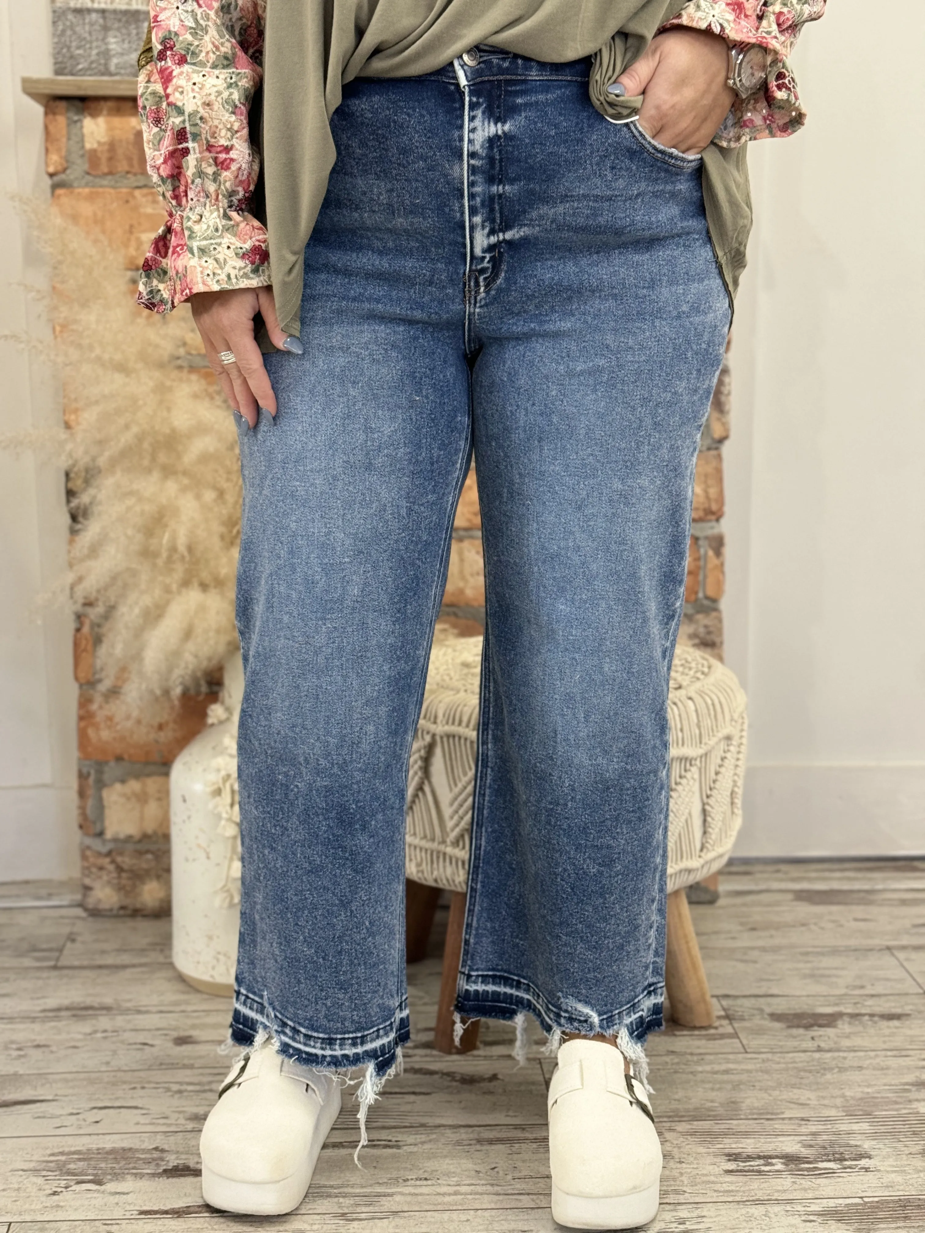 Cropped Release Hem Wide Leg Jeans
