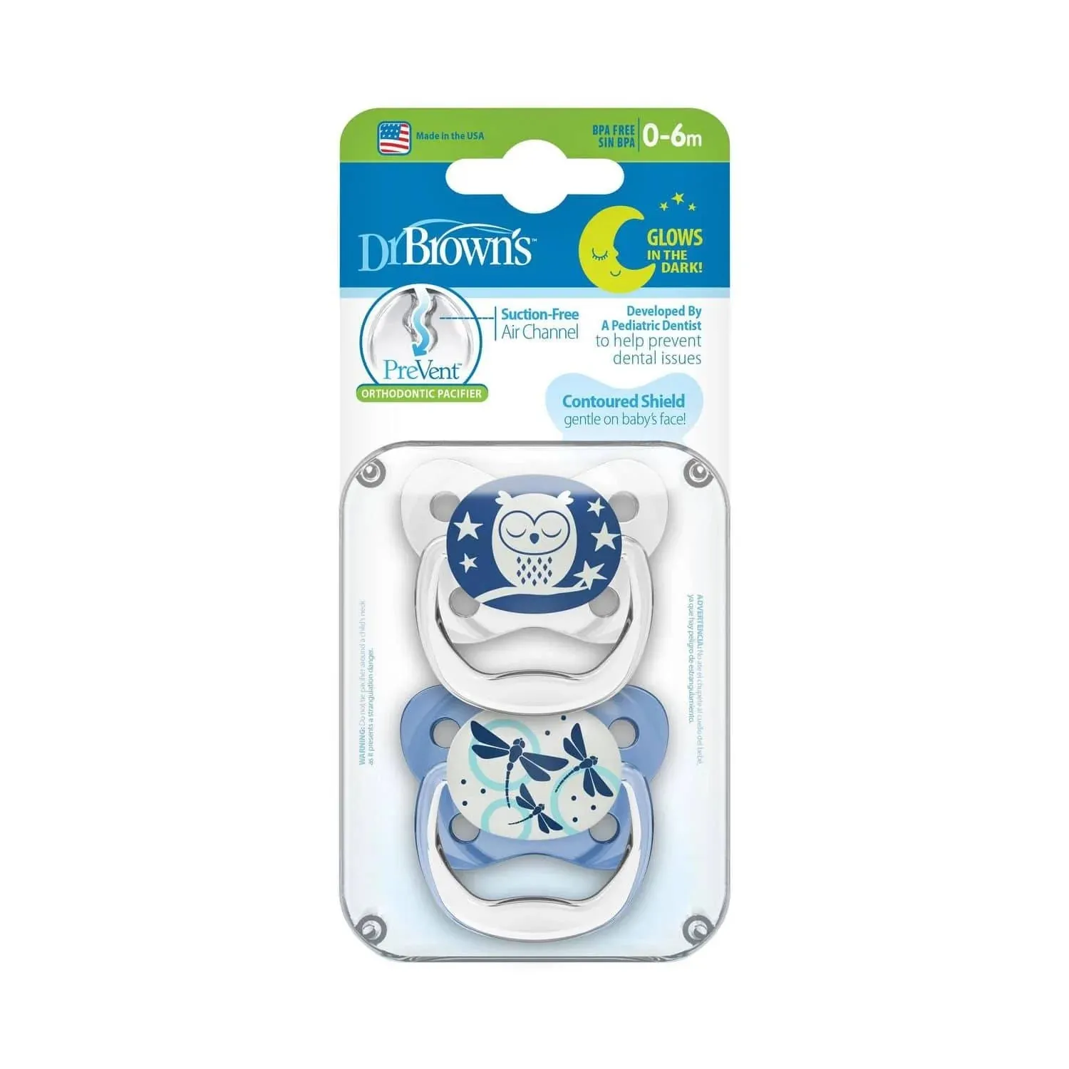 Dr. Brown's Glow in the Dark PreVent Pacifiers - Stage 1 - Blue