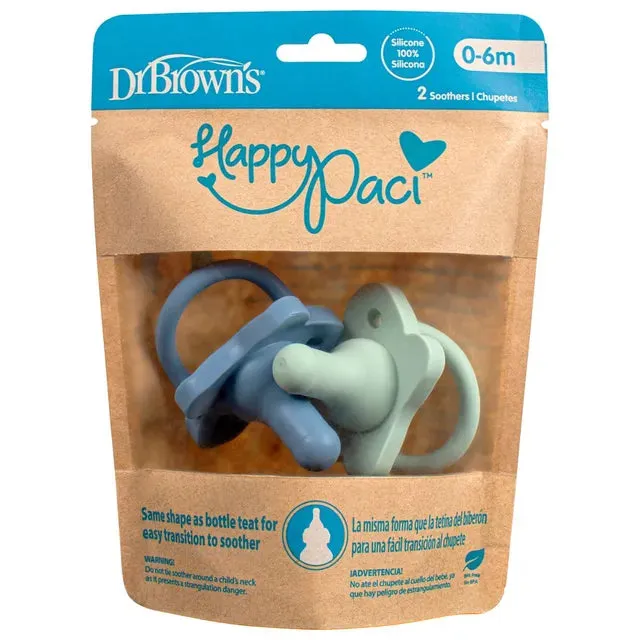 Dr. Browns HappyPaci Silicone One-Piece Soother, 0-6m, Blue and Green (Pack of 2)