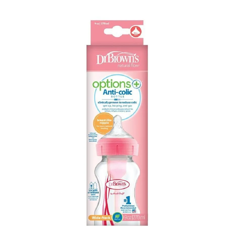 Dr. Brown's Natural Flow Options  Anti-Colic Baby Bottle, Wide-Neck, 9oz/270ml - Pink