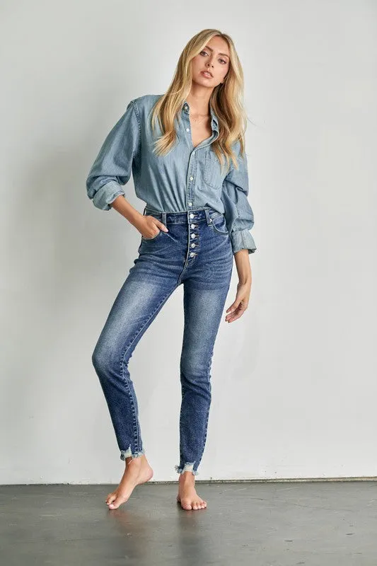 Eliana High Rise Exposed Button Skinny Jeans