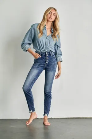 Eliana High Rise Exposed Button Skinny Jeans