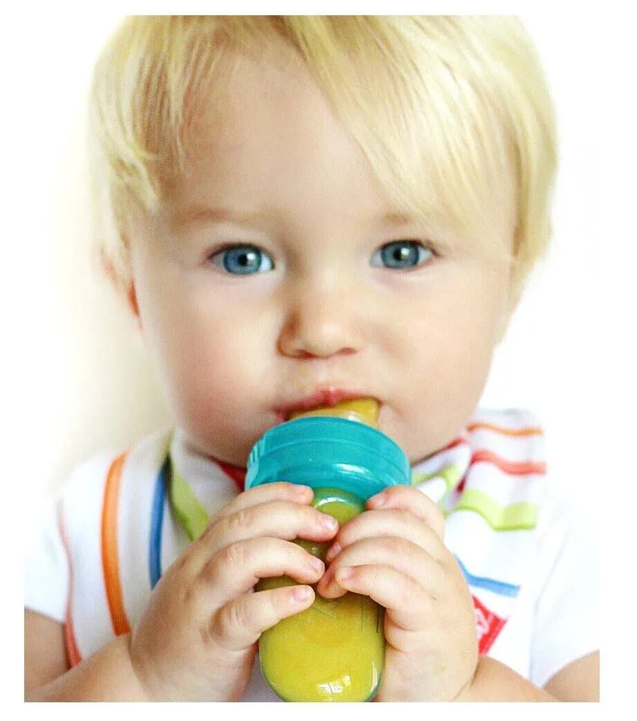 EZ Squee-Z Silicone Self Feeding Baby Food Dispenser, 1 Count (Pack of 1) - Aqua/Pink/Green, Colors May Vary
