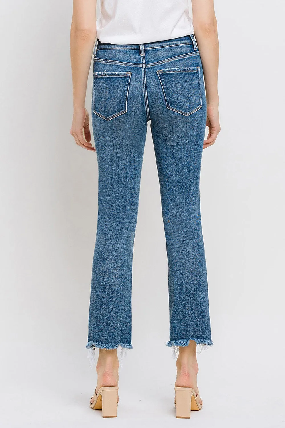 Lovervet T6299 Med Wash Uneven Hem Crop Slim Straight Leg Jeans