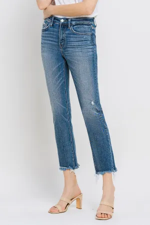 Lovervet T6299 Med Wash Uneven Hem Crop Slim Straight Leg Jeans