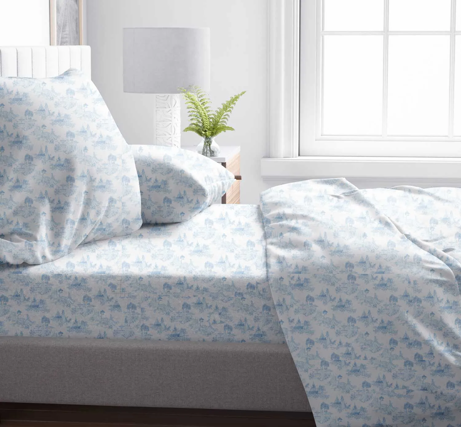 Princess Bleu Toile Sheet/Pillow Cover Set - 100% Premium Bamboo Viscose