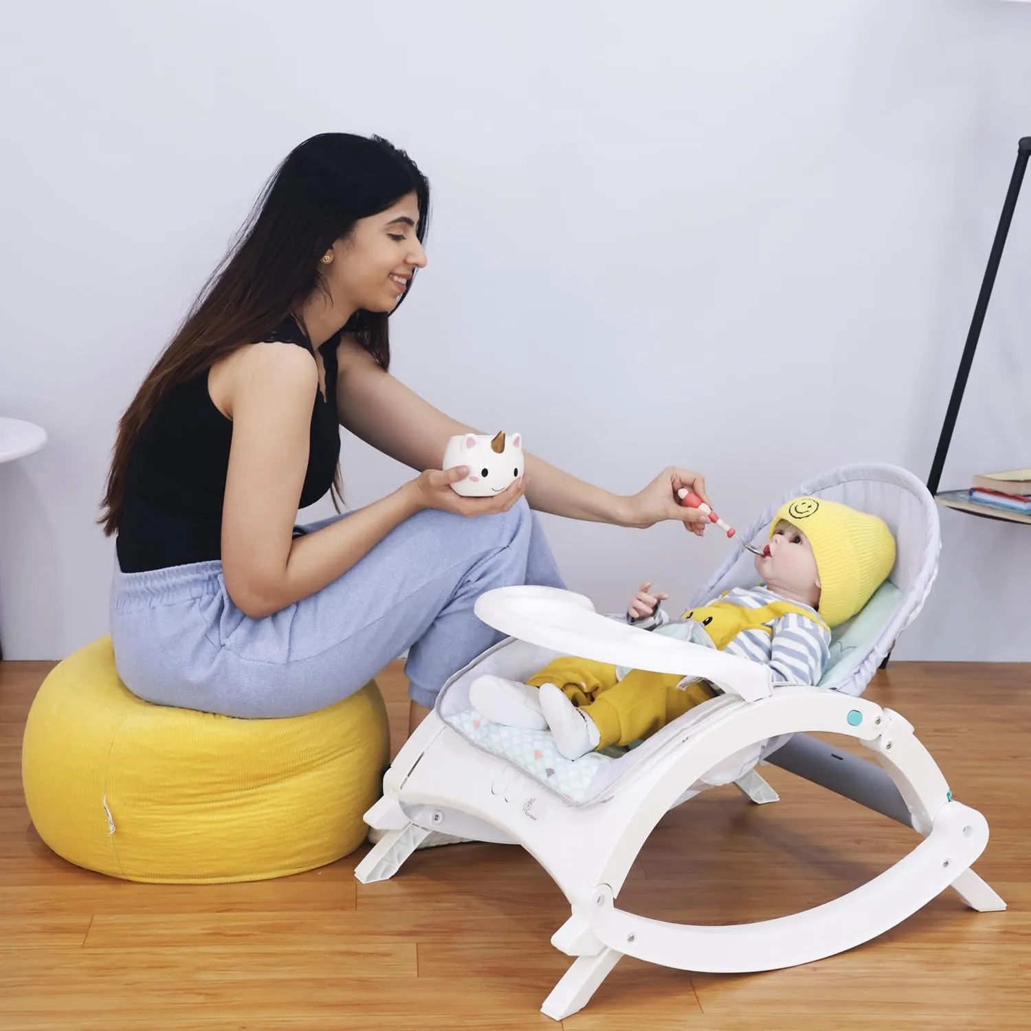 R for Rabbit Rock N Play Baby Rocker cum baby feeding chair with Vibration And Soothing music, adjustable backrest recline feature Rocker, Detachable toy bar and food tray | 6 Months Warranty | (Green)