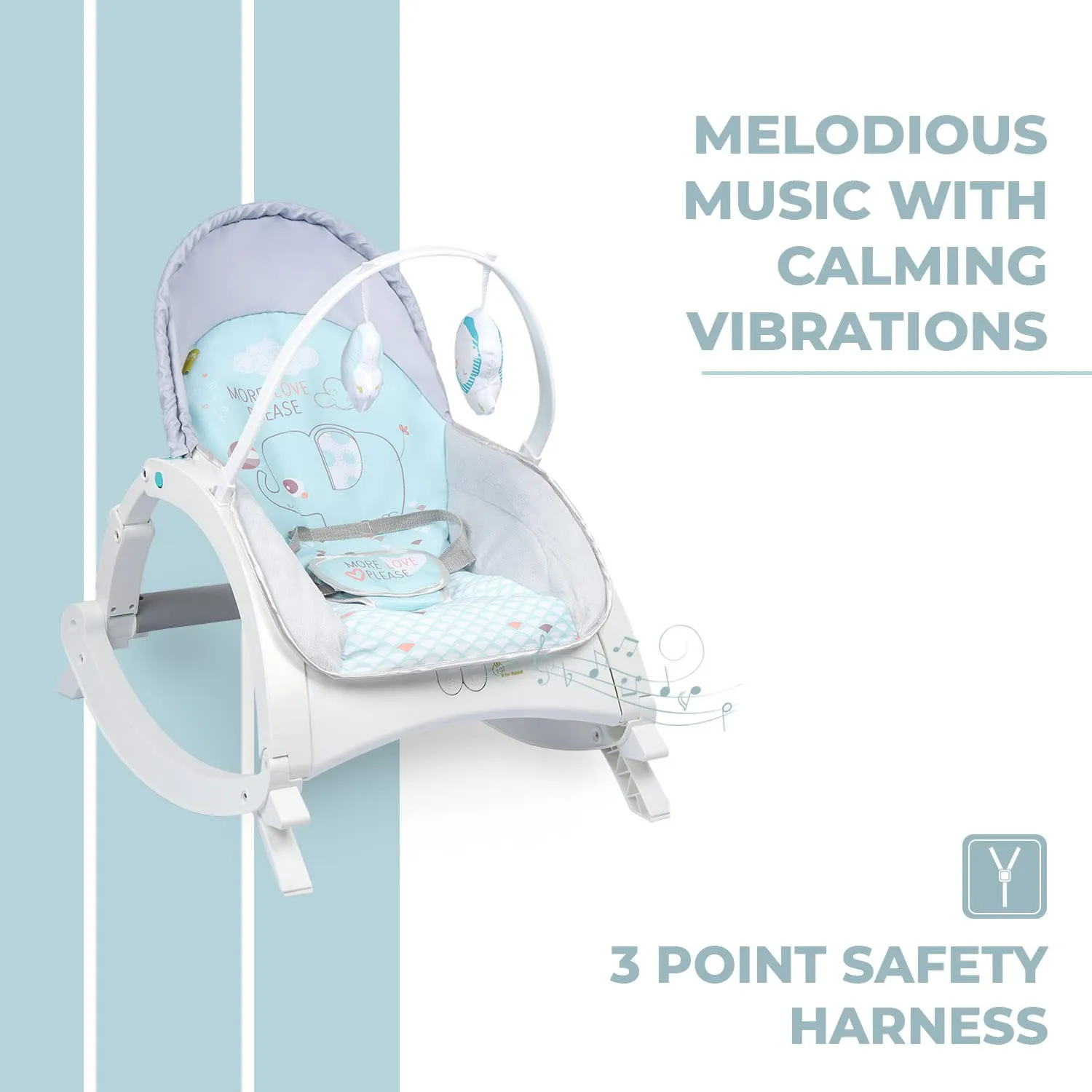 R for Rabbit Rock N Play Baby Rocker cum baby feeding chair with Vibration And Soothing music, adjustable backrest recline feature Rocker, Detachable toy bar and food tray | 6 Months Warranty | (Green)