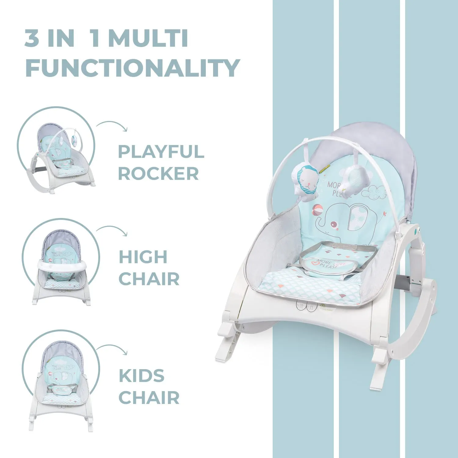 R for Rabbit Rock N Play Baby Rocker cum baby feeding chair with Vibration And Soothing music, adjustable backrest recline feature Rocker, Detachable toy bar and food tray | 6 Months Warranty | (Green)