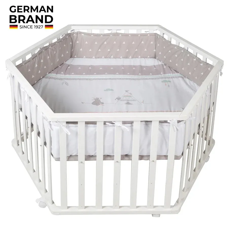 Roba Hexagonal Playpen/ Indibear - White 99 X 114 Cm (W/ Bumper   Wheels With Brakes)