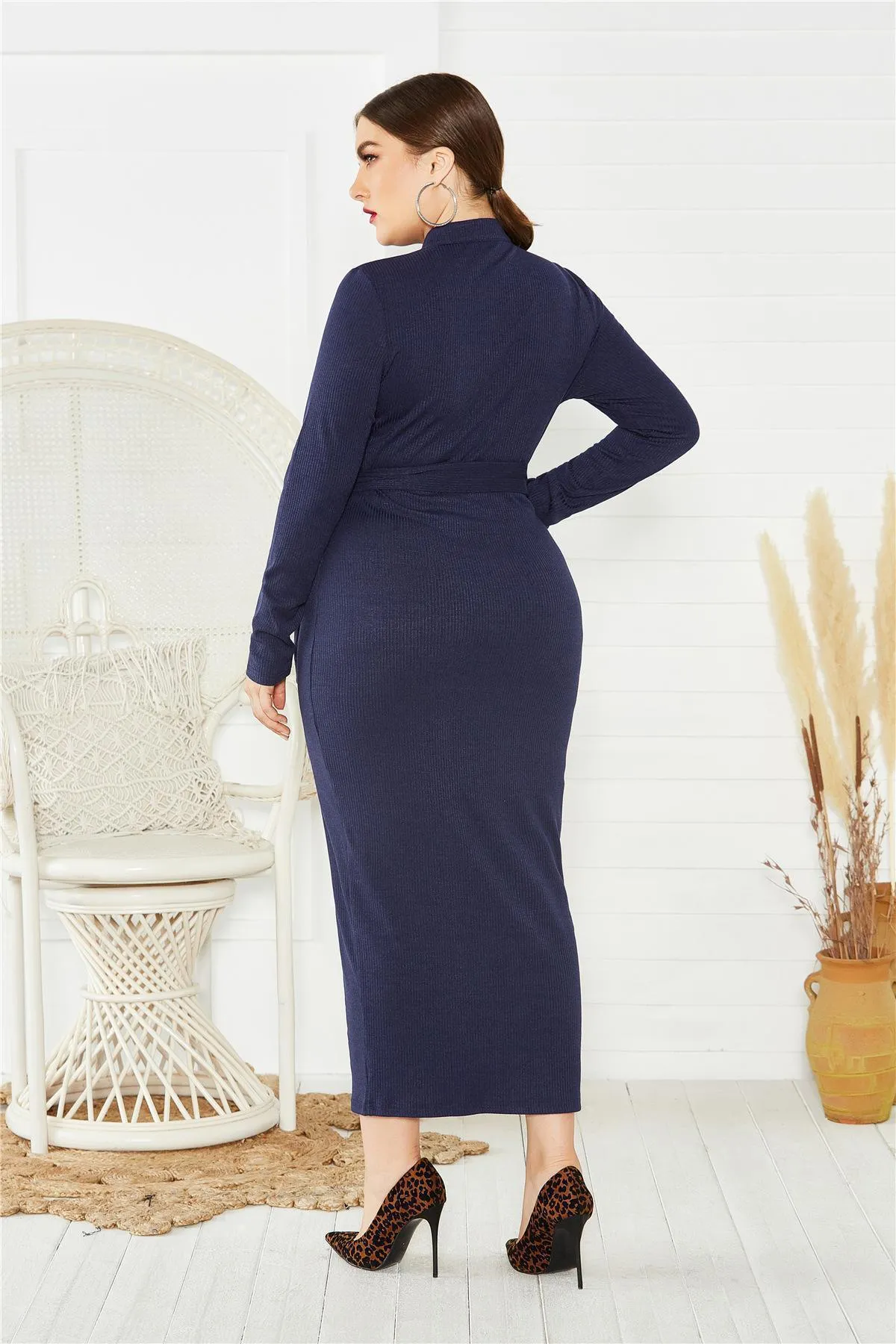 Solid Long-Sleeve Tie-Waist Midi Dress