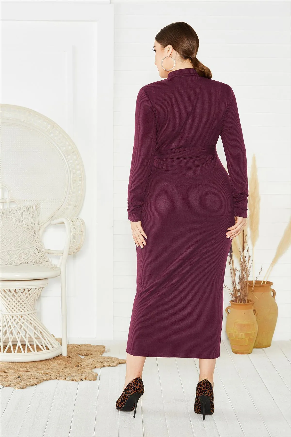 Solid Long-Sleeve Tie-Waist Midi Dress
