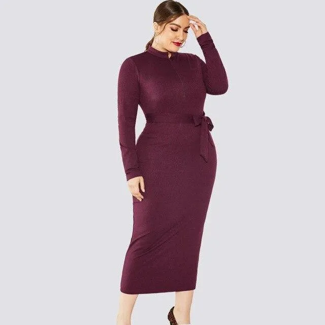 Solid Long-Sleeve Tie-Waist Midi Dress