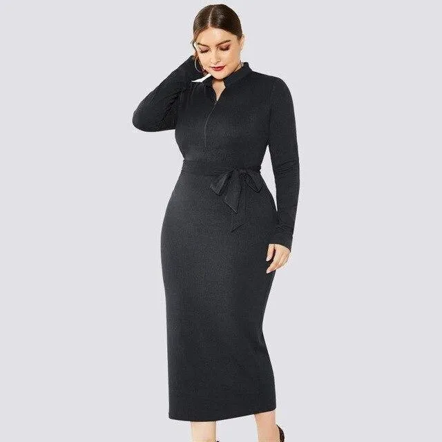 Solid Long-Sleeve Tie-Waist Midi Dress