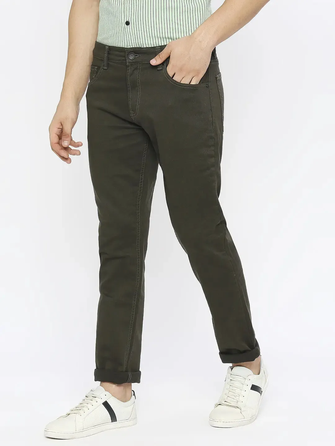 Spykar Men Dark Olive Cotton Stretch Comfort Fit Straigth Length Clean Look Mid Rise Jeans-(Ricardo)