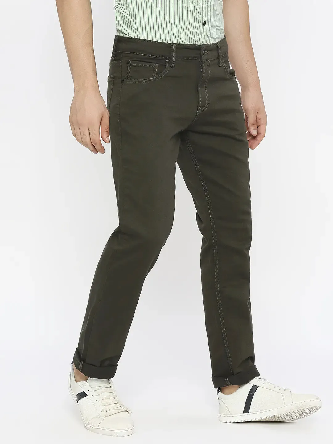 Spykar Men Dark Olive Cotton Stretch Comfort Fit Straigth Length Clean Look Mid Rise Jeans-(Ricardo)