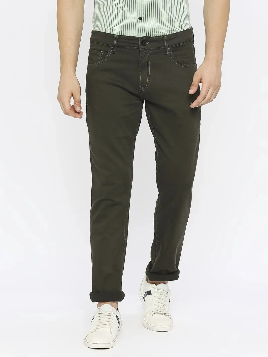 Spykar Men Dark Olive Cotton Stretch Comfort Fit Straigth Length Clean Look Mid Rise Jeans-(Ricardo)