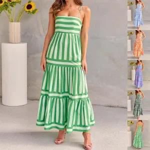 Summer Striped Printed Suspender Long Dress With Pockets