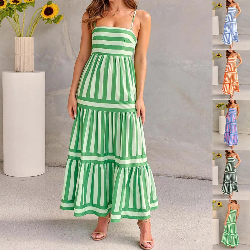 Summer Striped Printed Suspender Long Dress With Pockets