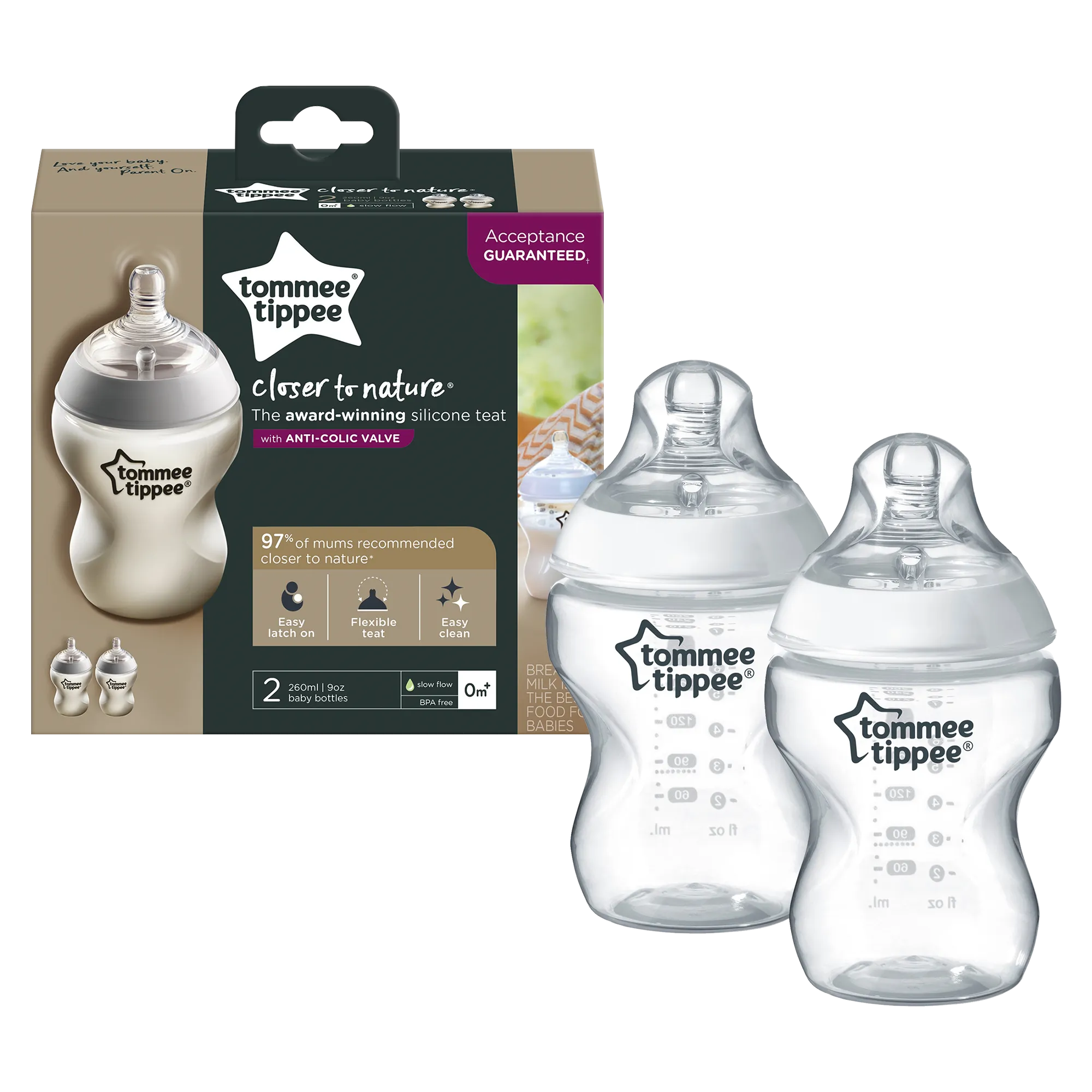 Tommee Tippee Closer to Nature - 260ml Bottle - 2 Pack 0M 