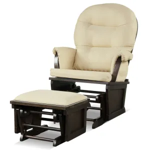 Wood Baby Glider and Ottoman Cushion Set with Padded Armrests for Nursing - Beige
