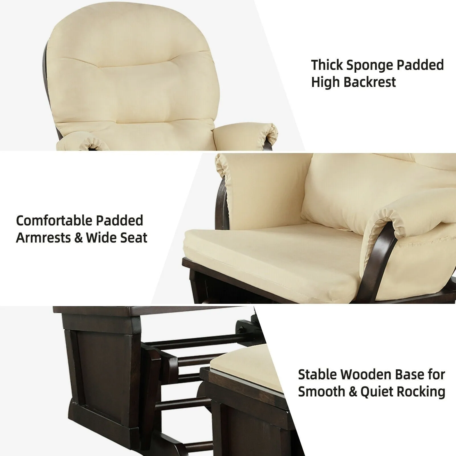 Wood Baby Glider and Ottoman Cushion Set with Padded Armrests for Nursing - Beige