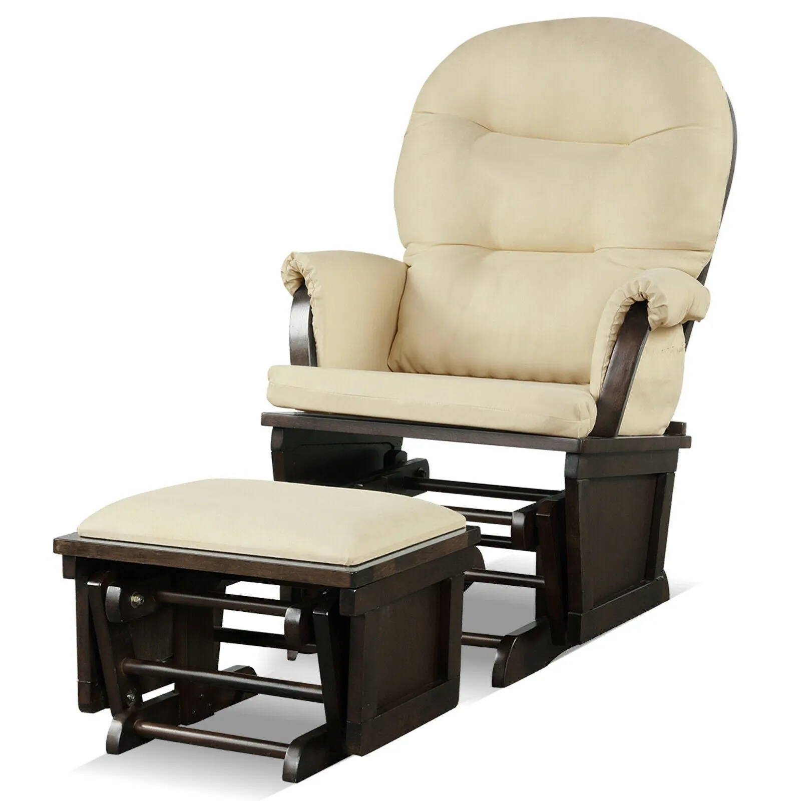 Wood Baby Glider and Ottoman Cushion Set with Padded Armrests for Nursing - Beige