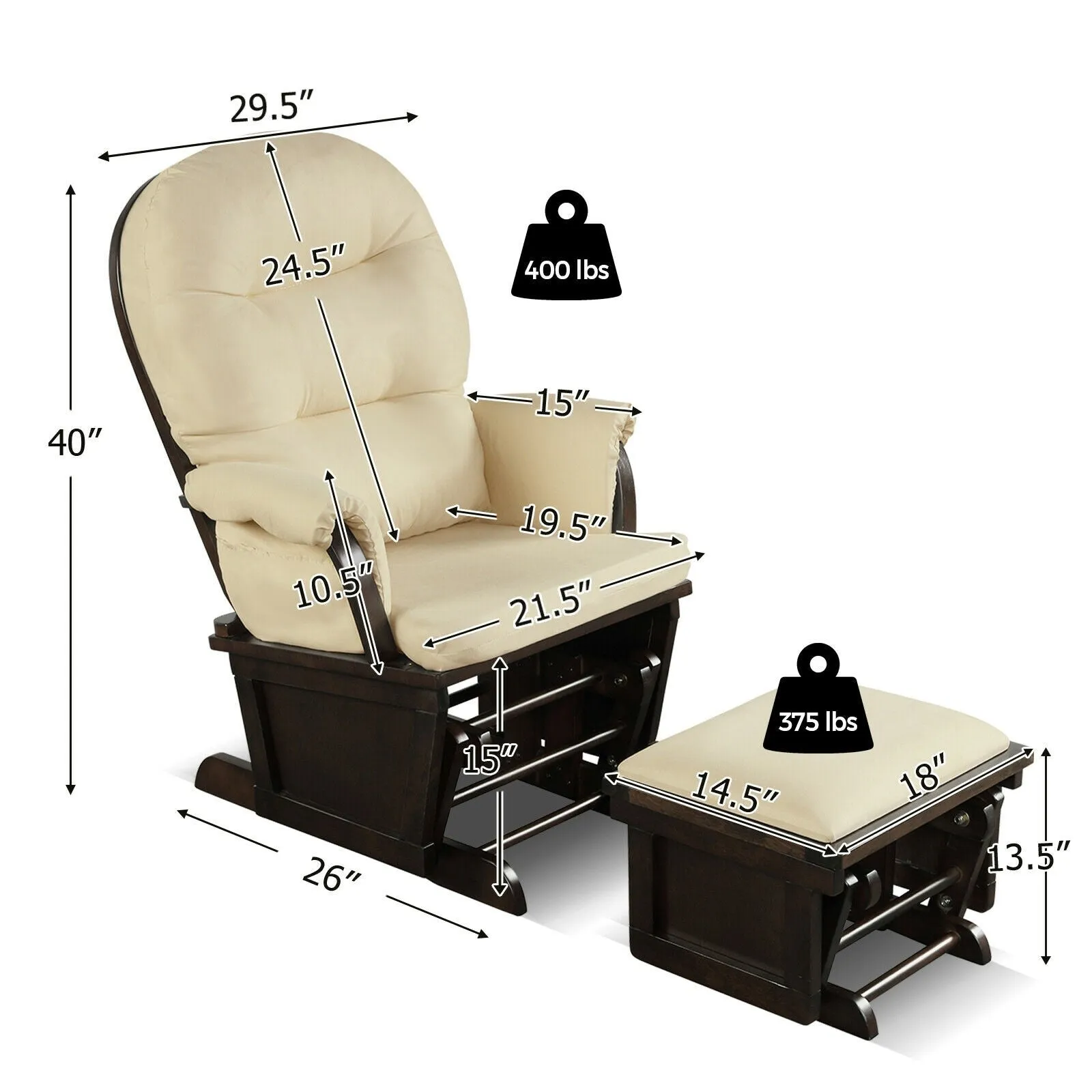 Wood Baby Glider and Ottoman Cushion Set with Padded Armrests for Nursing - Beige