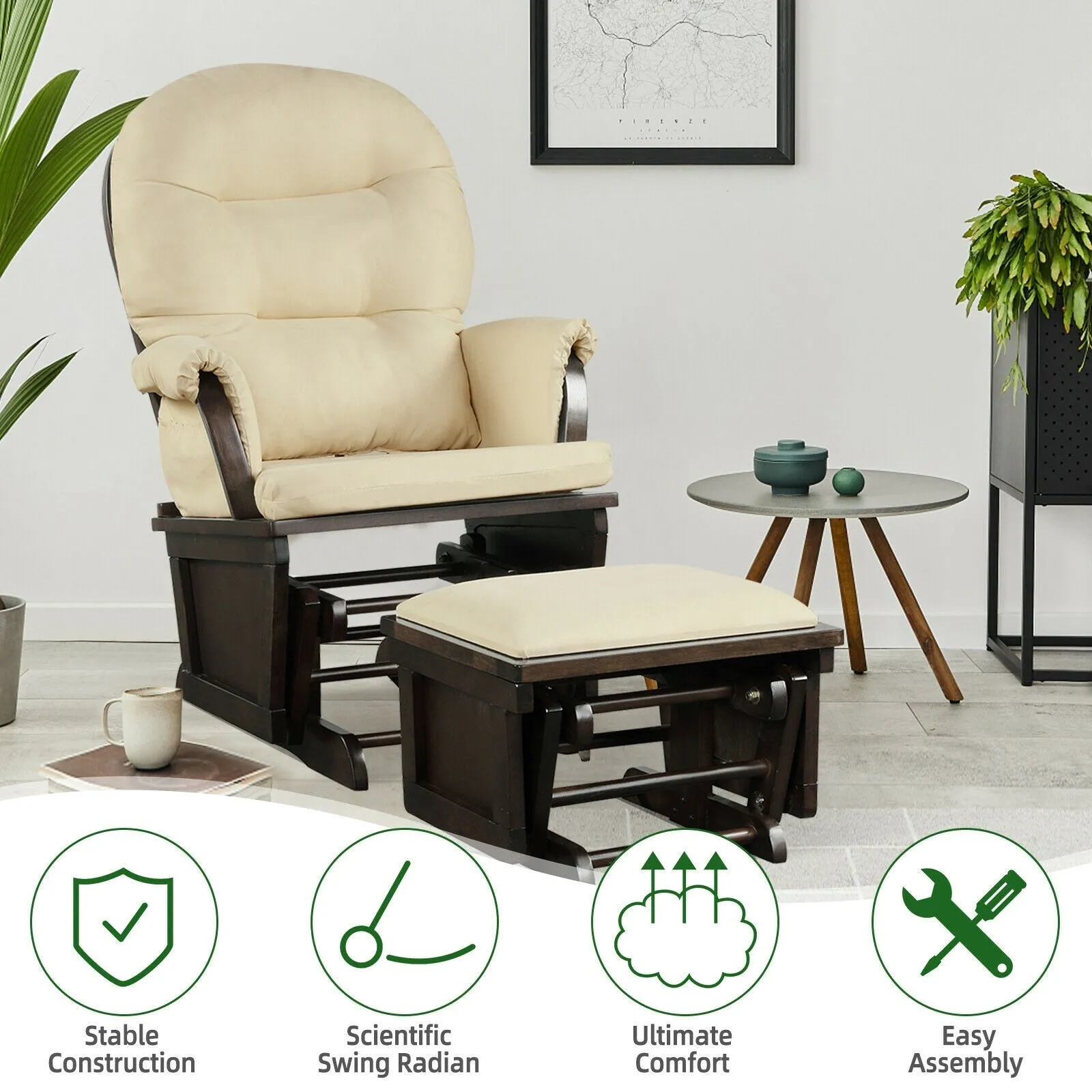 Wood Baby Glider and Ottoman Cushion Set with Padded Armrests for Nursing - Beige