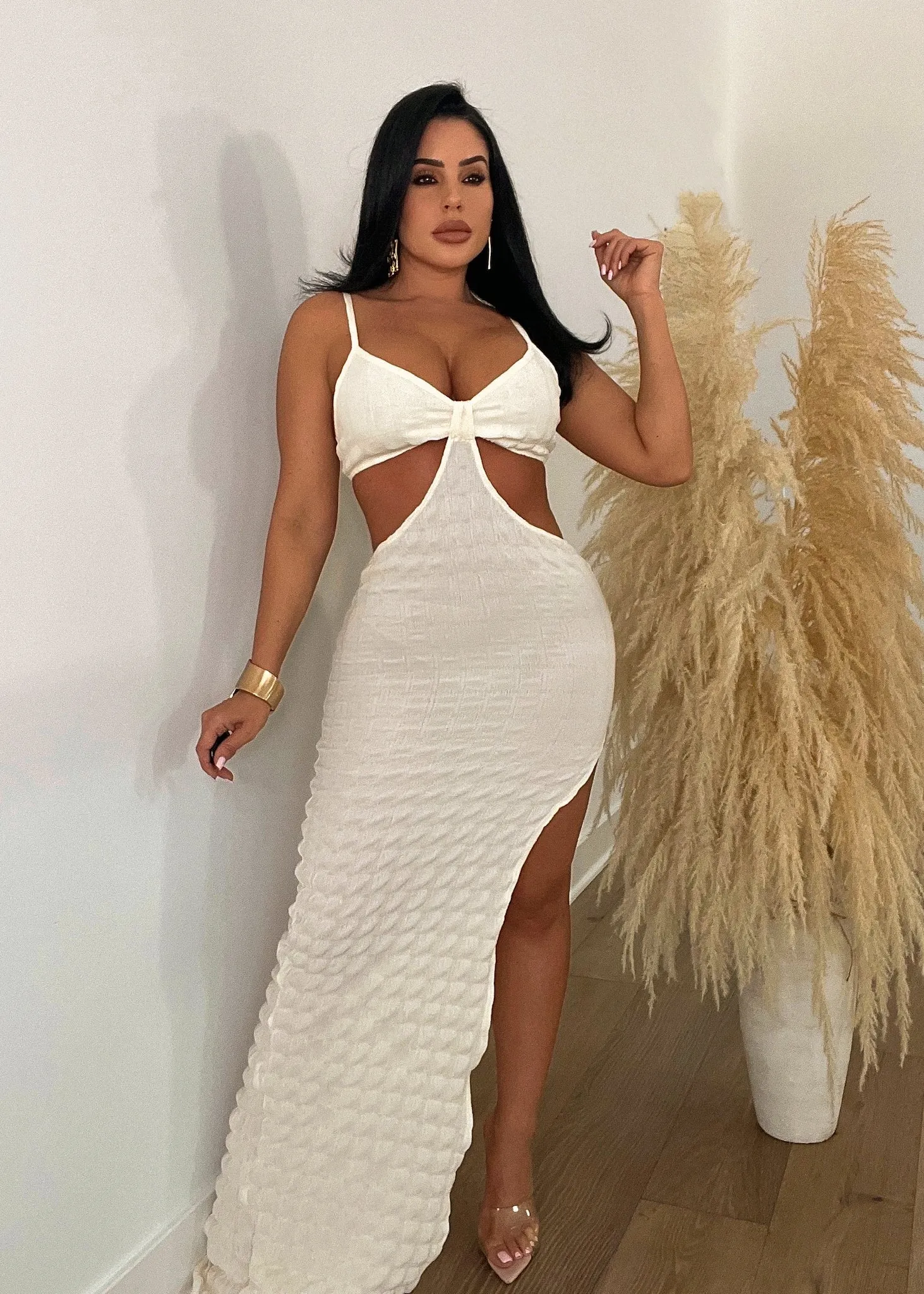 Work On It Popcorn Maxi Dress White